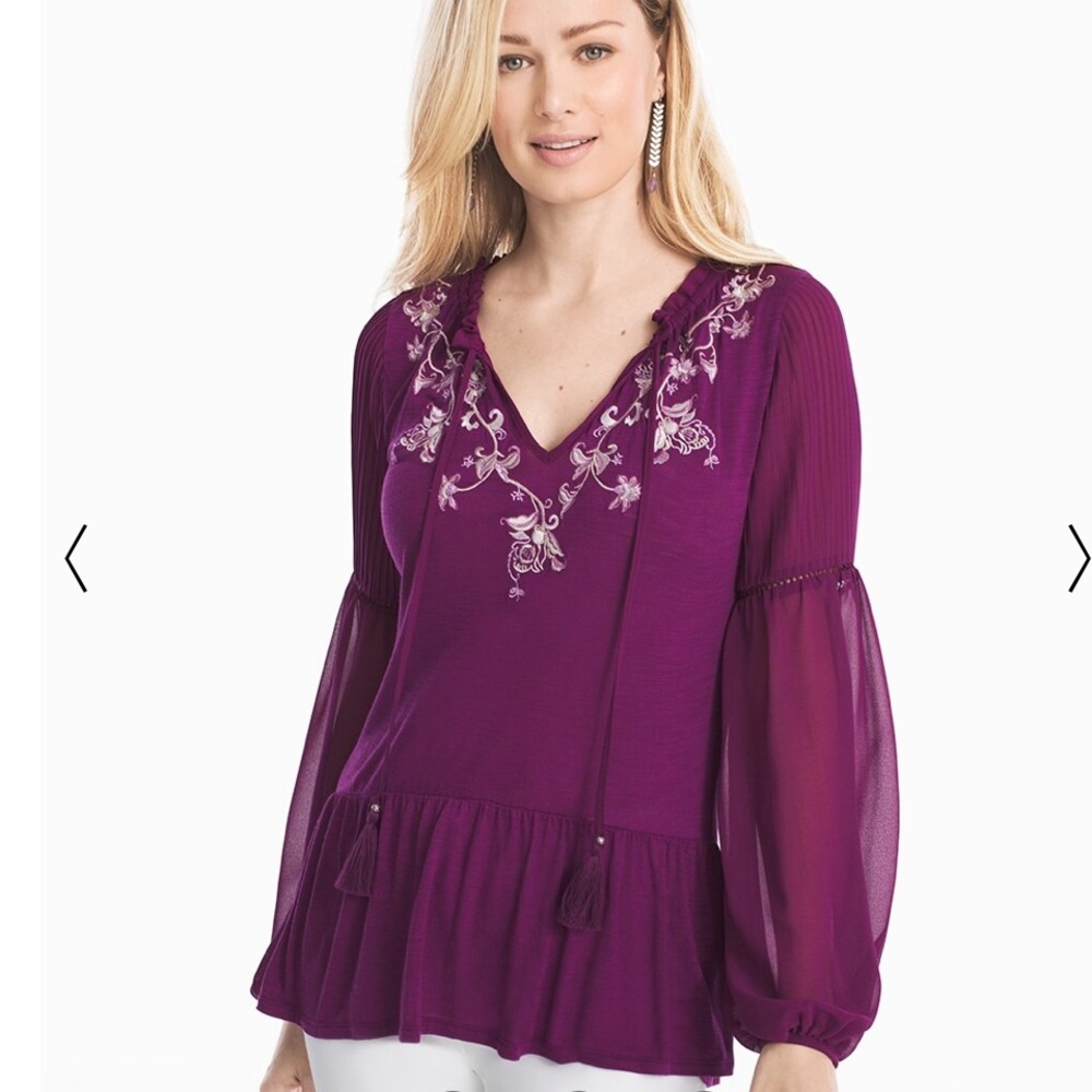 White House Black Market Purple Pleated Sleeve Embroidered Top NWT